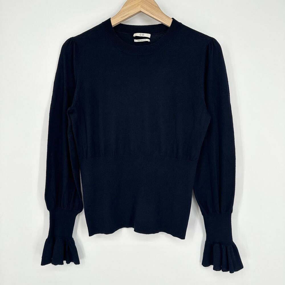 CO Essentials Silk Cashmere Blend Sweater Crew Neck Ruffle Cuff, Navy Blue